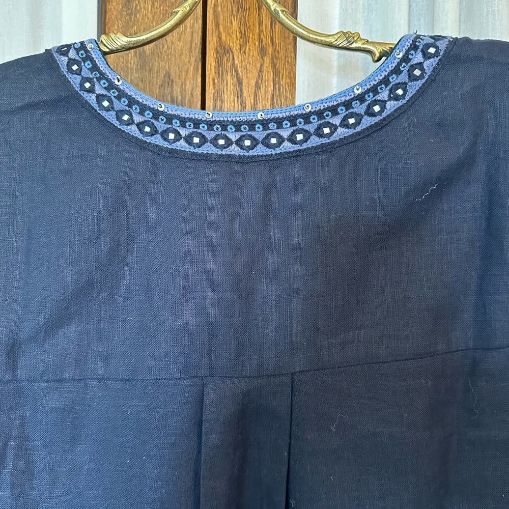 Chico’s Navy Blue Embellished Beaded Linen Dress - Picture 11 of 16